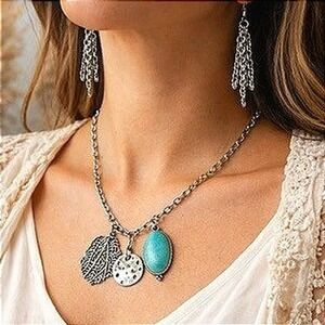 Southwestern Jewelry Set Silver Turquoise Boho Leaf Charm Necklace Earrings